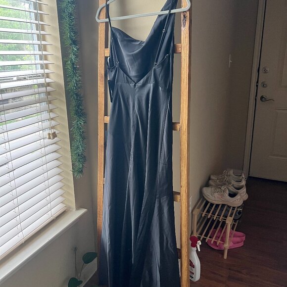 Lulus Impressive Energy Black Satin Asymmetrical Maxi Dress - Picture 3 of 4